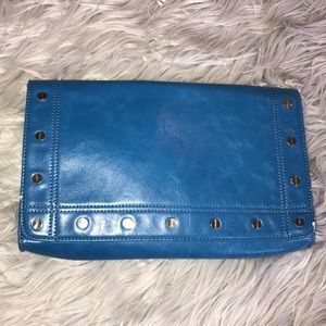 Blue and gold detailed clutch